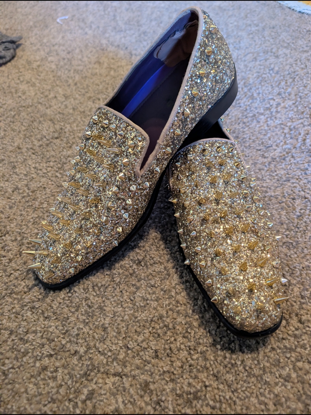 Gold Glitter Spike Loafers - Men